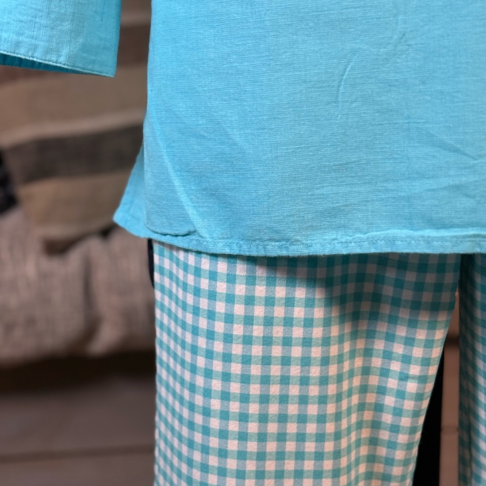 Chico's Turquoise Embroidered Blouse, Sleeveless Tunic and Gingham Pants Set - Picture 6 of 11
